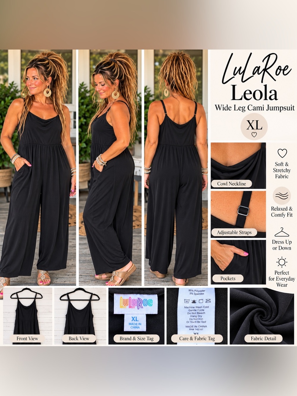 LuLaRoe Leola Wide Leg Cami Jumpsuit in Black - XL